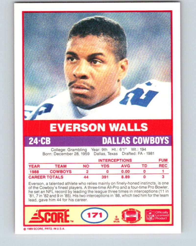 1989 Score #171 Everson Walls Mint Dallas Cowboys Image 2