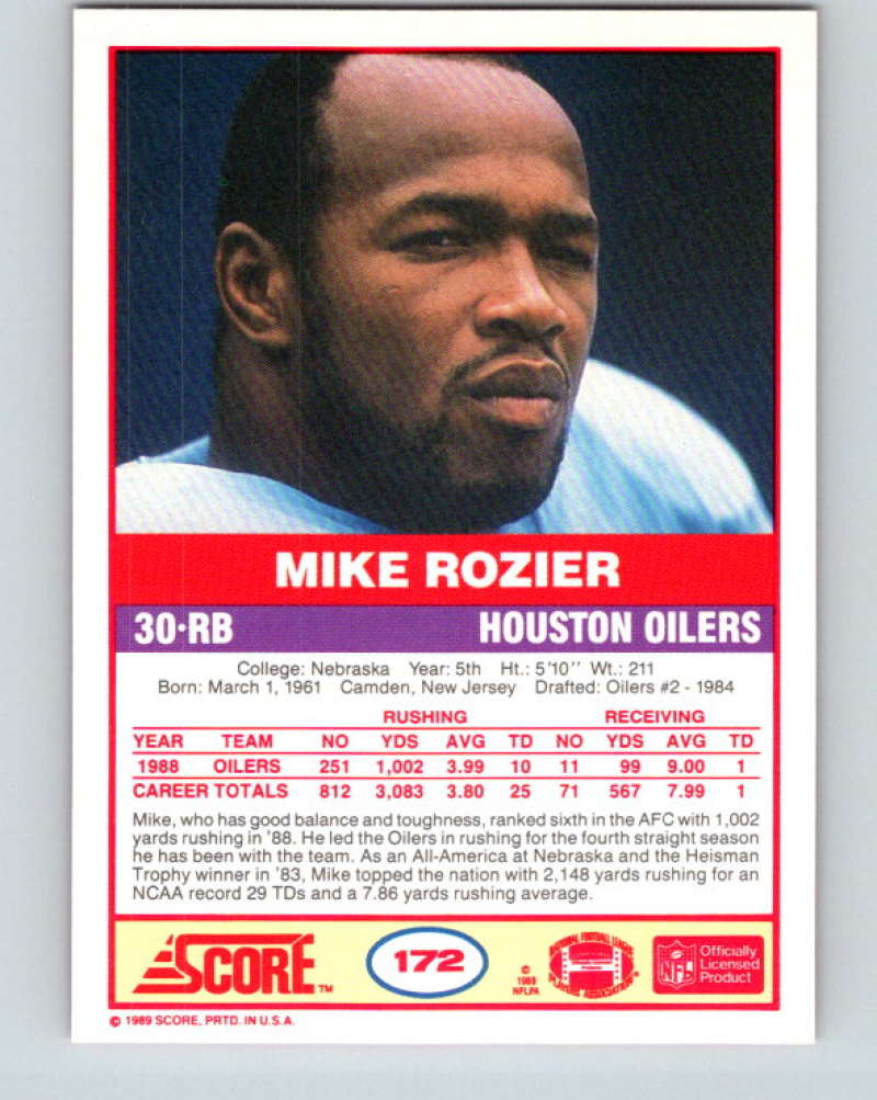 1989 Score #172 Mike Rozier Mint Houston Oilers Image 2