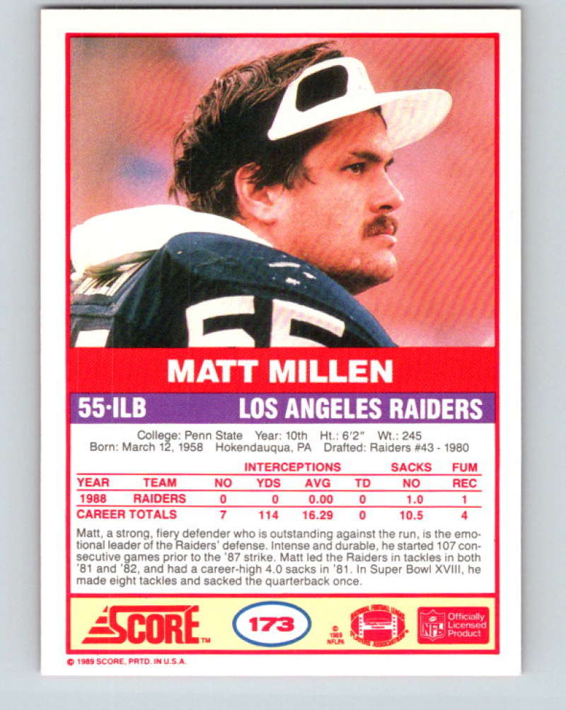 1989 Score #173 Matt Millen Mint Los Angeles Raiders