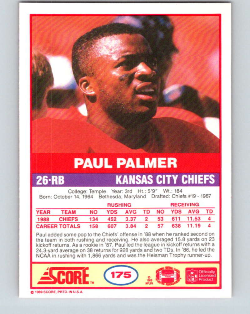 1989 Score #175 Paul Palmer Mint Kansas City Chiefs Image 2