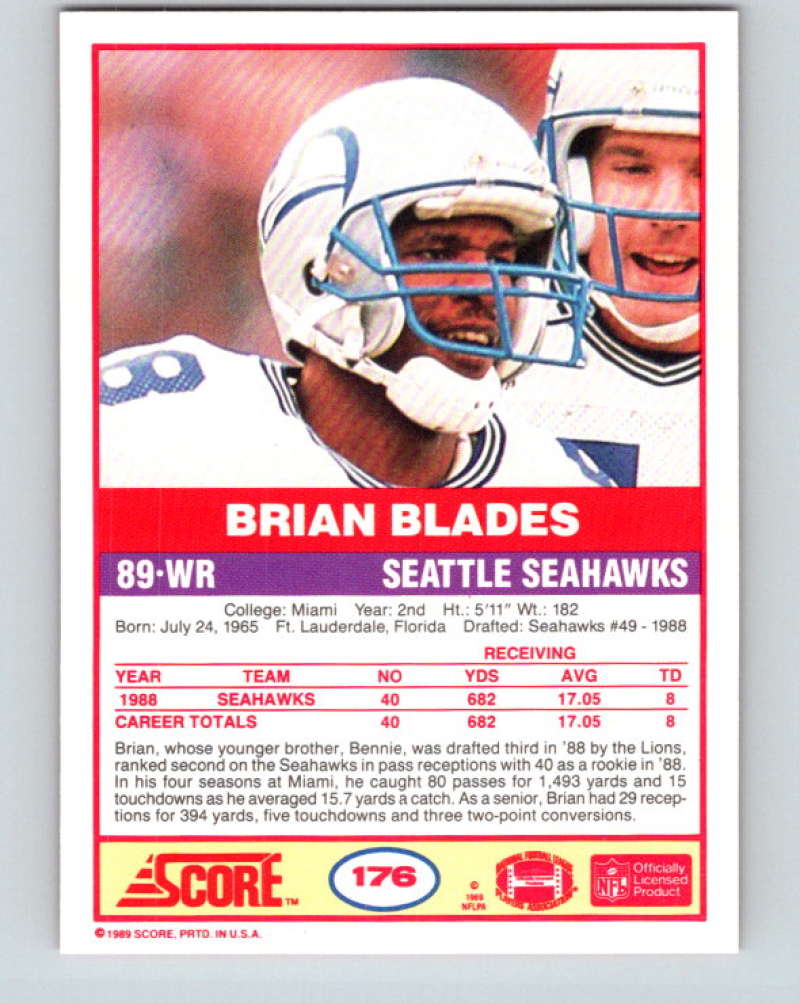 1989 Score #176 Brian Blades UER Mint RC Rookie Seattle Seahawks Image 2