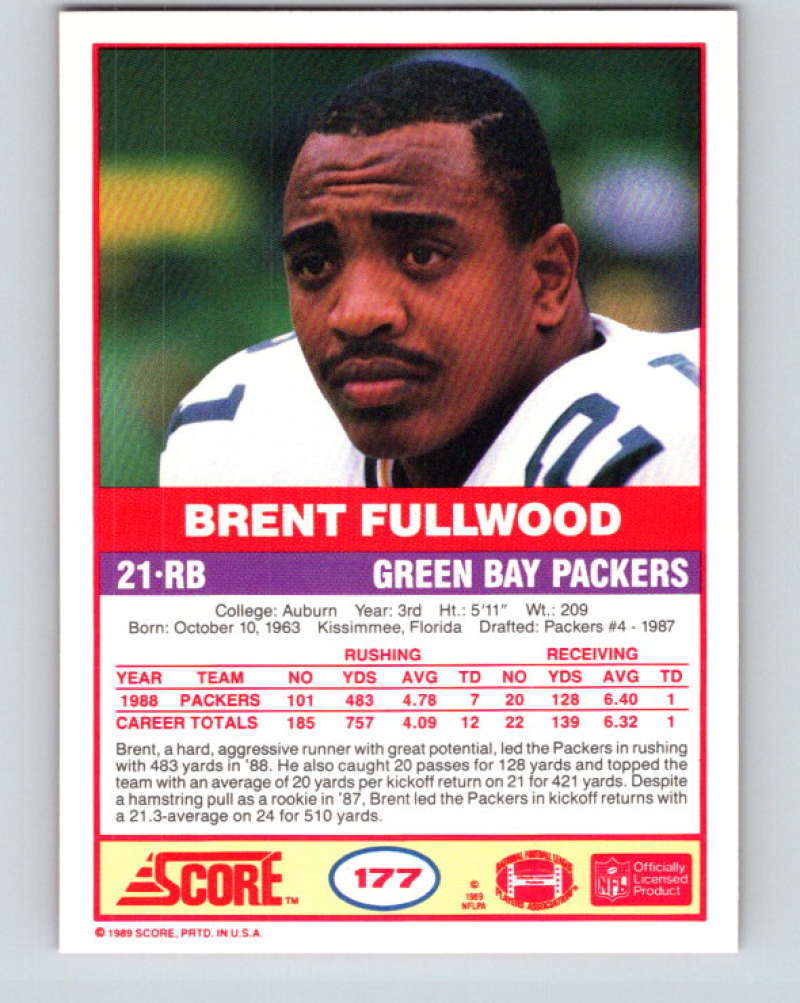 1989 Score #177 Brent Fullwood Mint RC Rookie Green Bay Packers Image 2