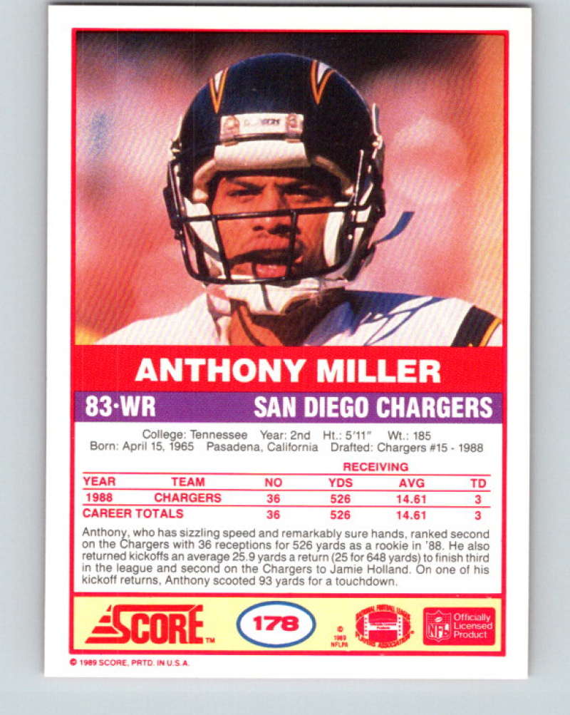 1989 Score #178 Anthony Miller Mint RC Rookie San Diego Chargers Image 2