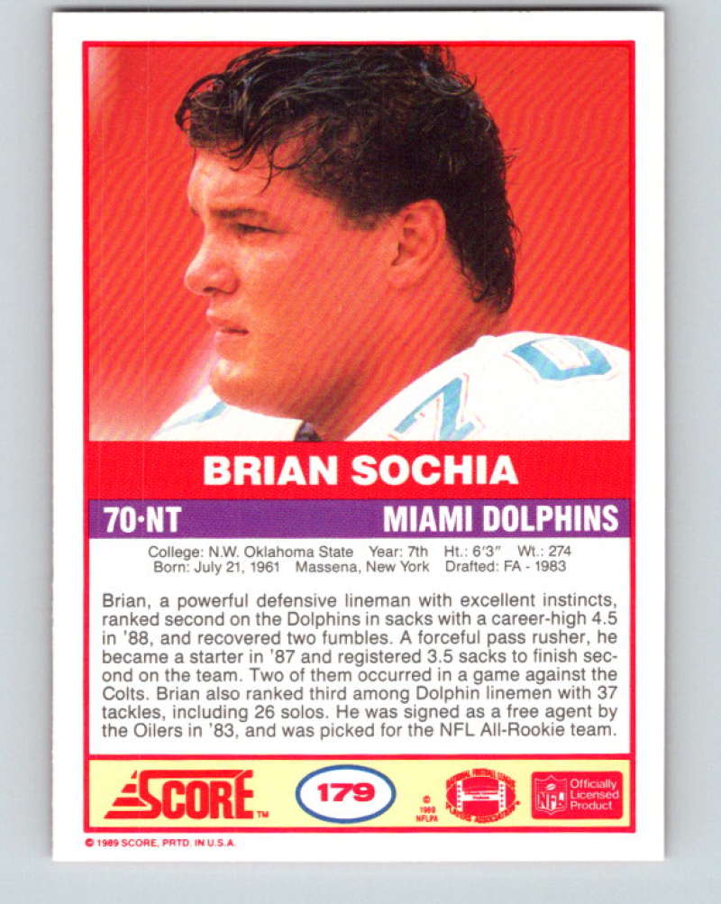 1989 Score #179 Brian Sochia Mint Miami Dolphins  Image 2