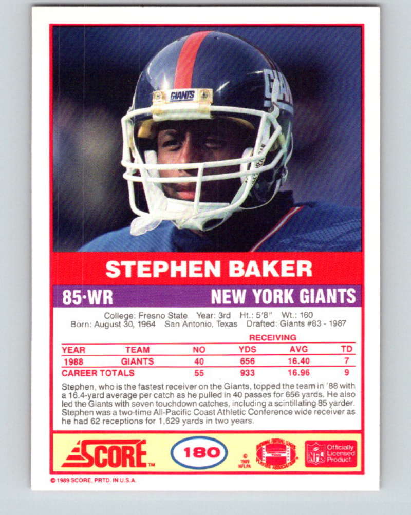 1989 Score #180 Stephen Baker Mint RC Rookie New York Giants Image 2
