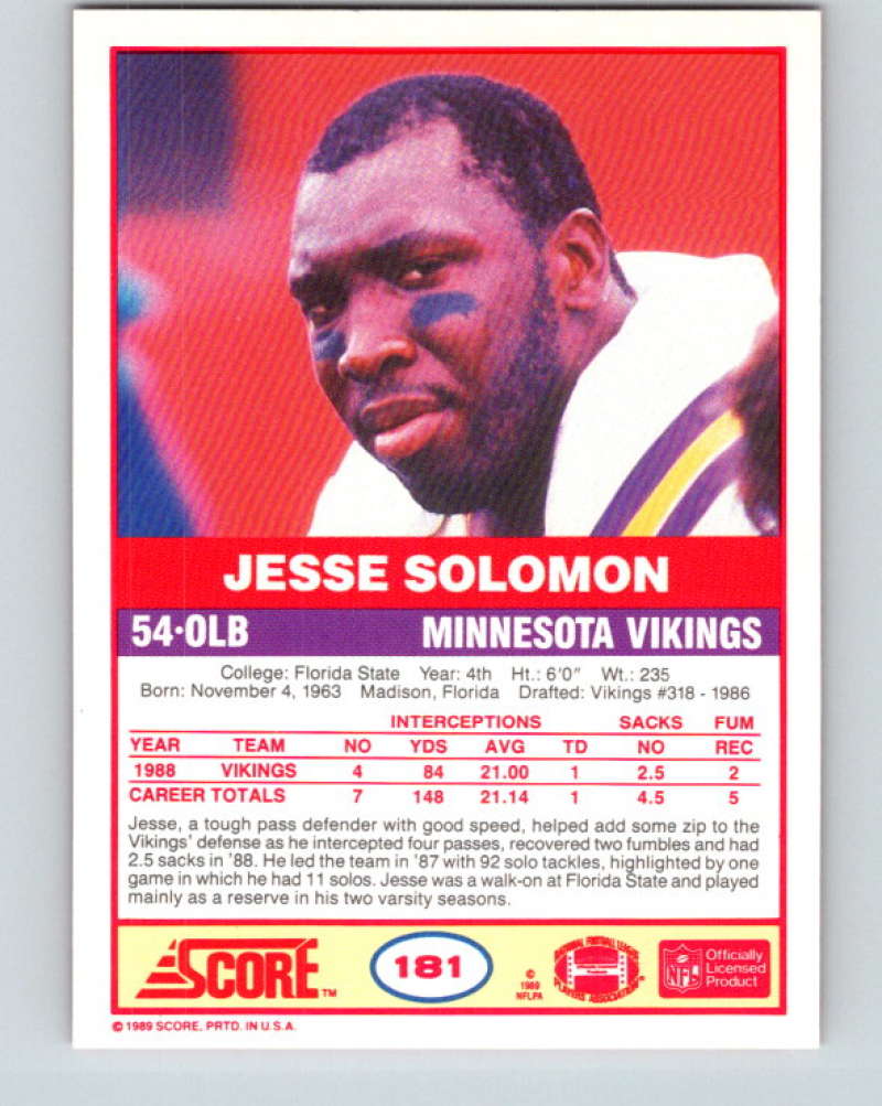 1989 Score #181 Jesse Solomon Mint Minnesota Vikings Image 2