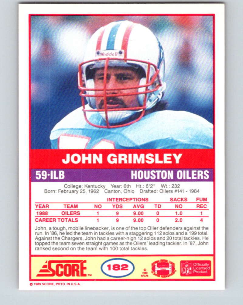 1989 Score #182 John Grimsley Mint Houston Oilers Image 2