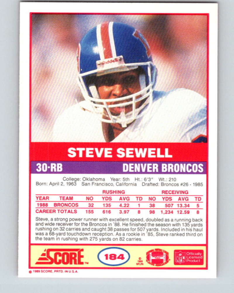 1989 Score #184 Steve Sewell Mint RC Rookie Denver Broncos  Image 2