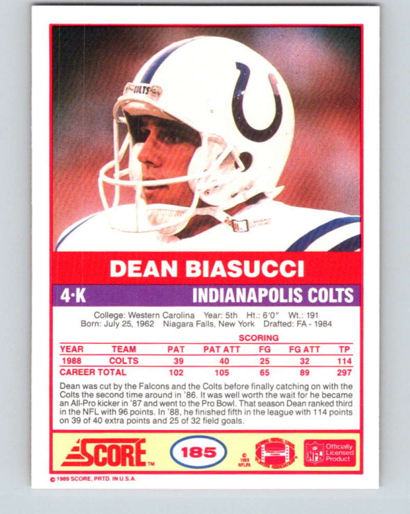 1989 Score #185 Dean Biasucci Mint Indianapolis Colts Image 2