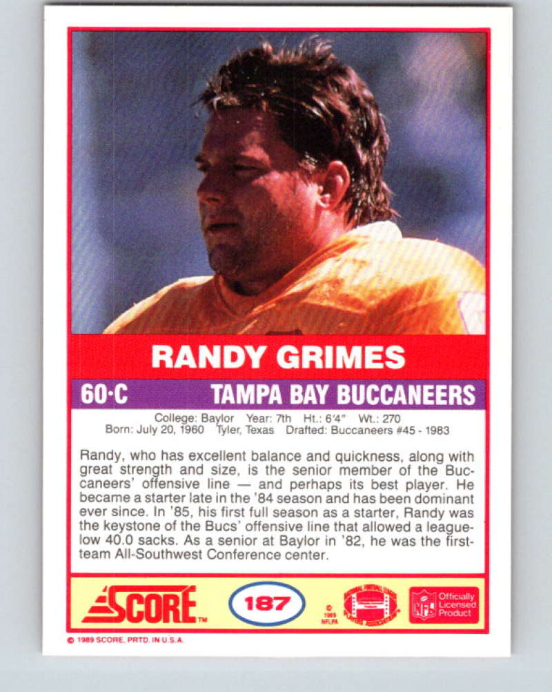 1989 Score #187 Randy Grimes Mint Tampa Bay Buccaneers Image 2