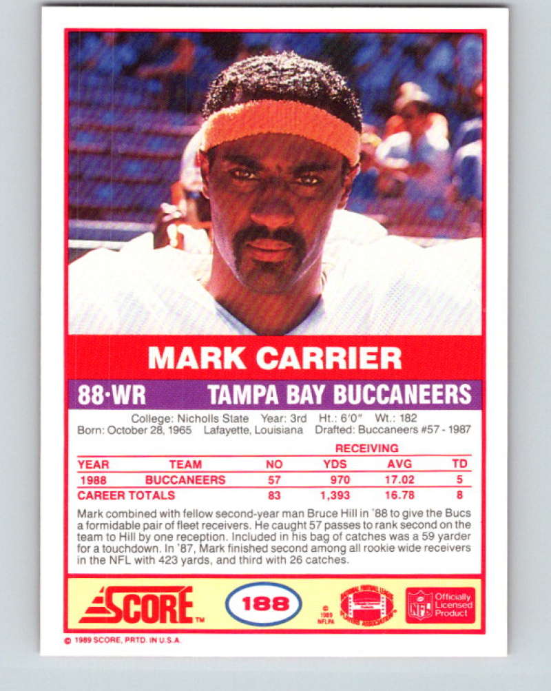 1989 Score #188a Mark Carrier ERR Mint RC Rookie Tampa Bay Image 2