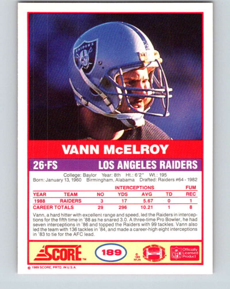 1989 Score #189 Vann McElroy Mint Los Angeles Raiders  Image 2