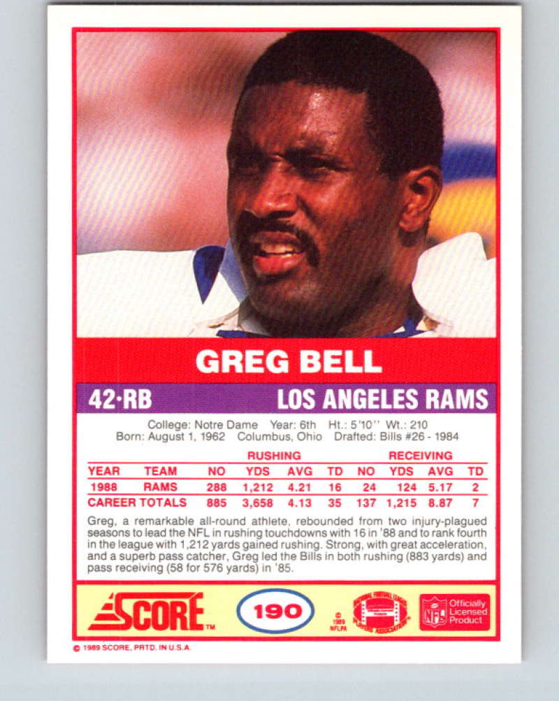 1989 Score #190 Greg Bell Mint Los Angeles Rams Image 2