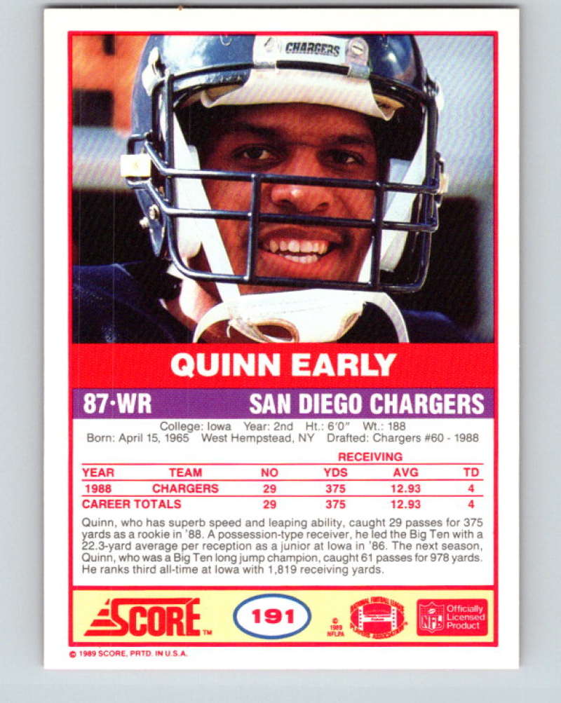 1989 Score #191 Quinn Early Mint RC Rookie San Diego Chargers Image 2