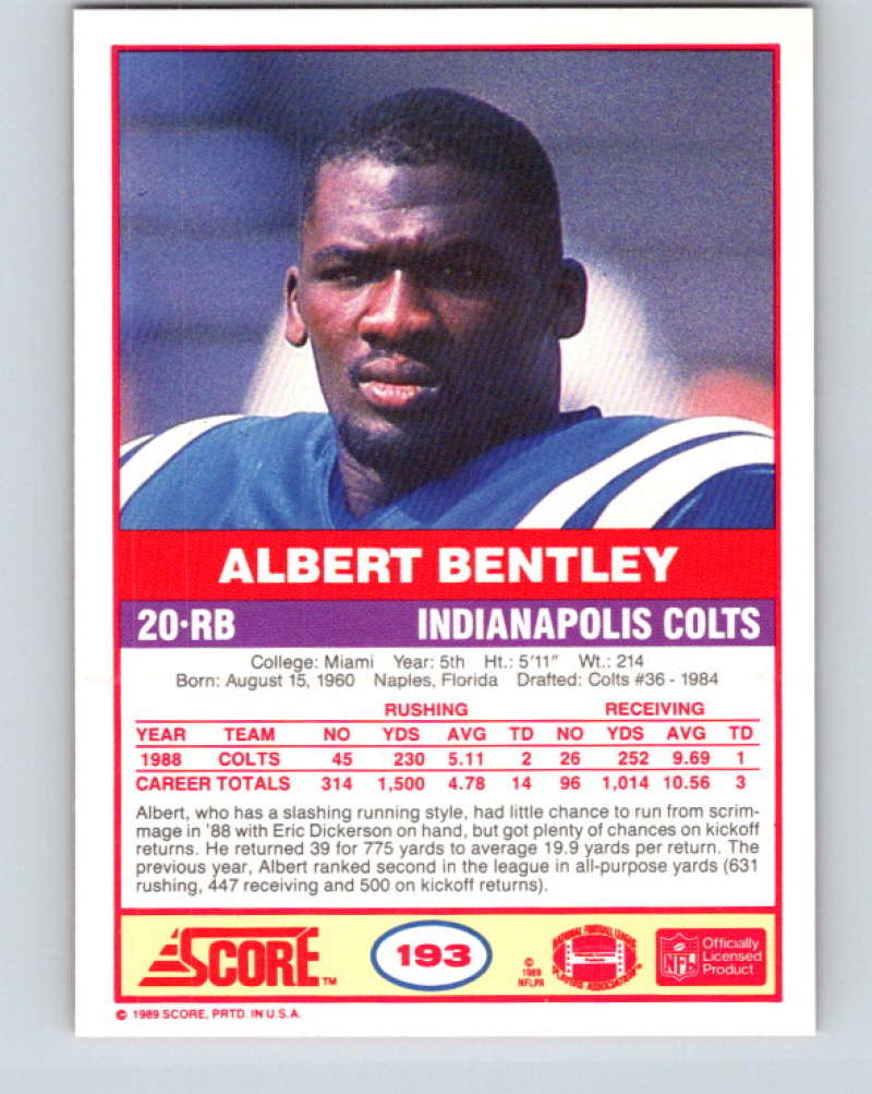 1989 Score #193 Albert Bentley Mint Indianapolis Colts Image 2