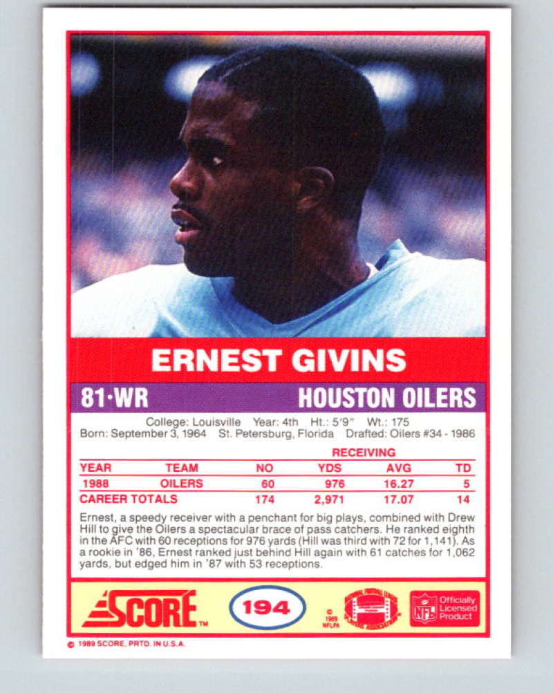 1989 Score #194 Ernest Givins Mint Houston Oilers Image 2