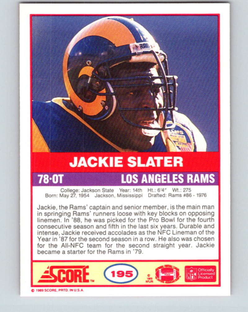 1989 Score #195 Jackie Slater Mint Los Angeles Rams Image 2
