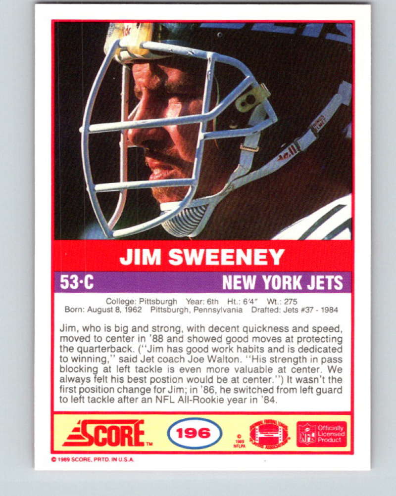 1989 Score #196 Jim Sweeney Mint New York Jets Image 2
