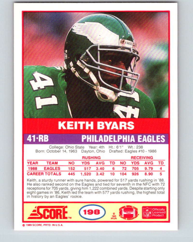1989 Score #198 Keith Byars Mint Philadelphia Eagles Image 2