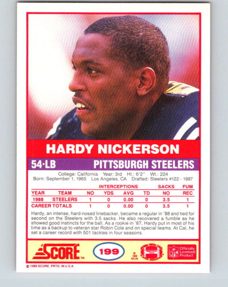 1989 Score #199 Hardy Nickerson Mint RC Rookie Pittsburgh Steelers