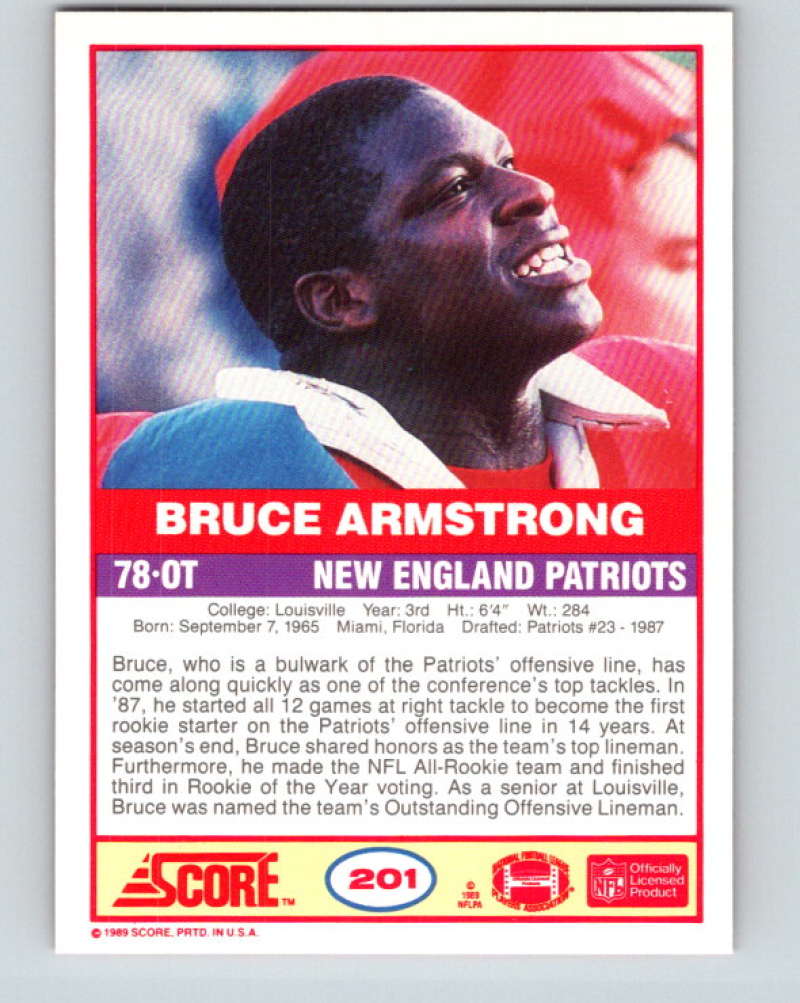 1989 Score #201 Bruce Armstrong Mint RC Rookie New England Patriots Image 2