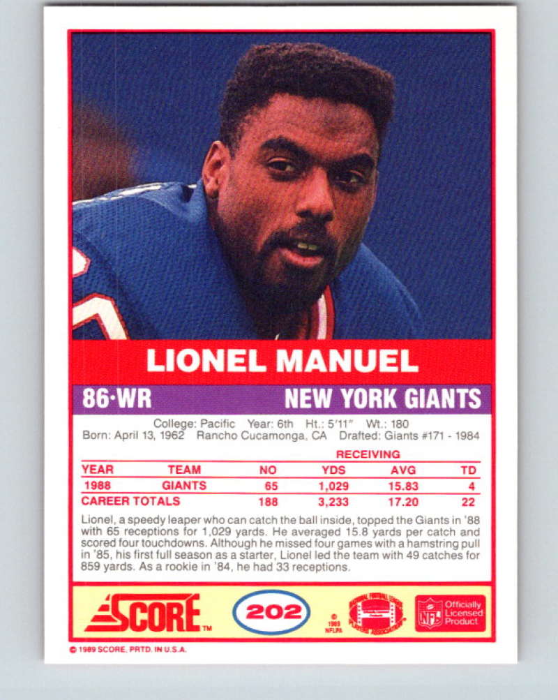 1989 Score #202 Lionel Manuel Mint New York Giants Image 2