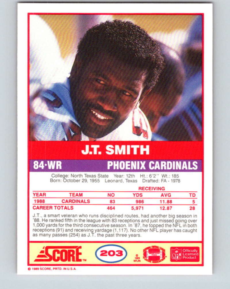 1989 Score #203 J.T. Smith Mint Phoenix Cardinals Image 2