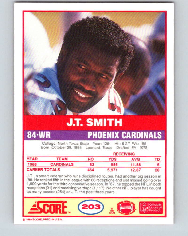 1989 Score #203 J.T. Smith Mint Phoenix Cardinals  Image 2