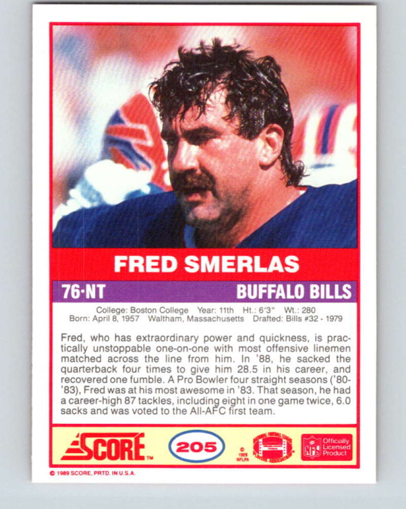 1989 Score #205 Fred Smerlas Mint Buffalo Bills Image 2