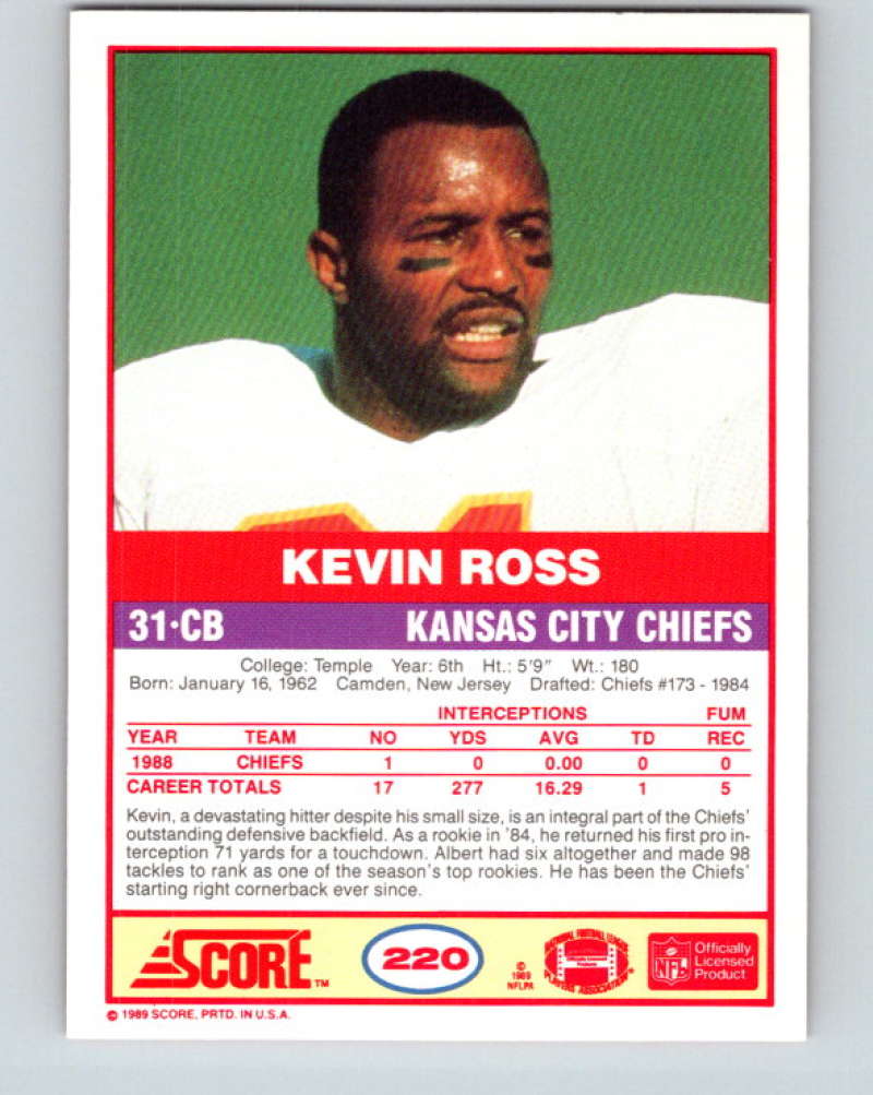 1989 Score #220 Kevin Ross Mint RC Rookie Kansas City Chiefs