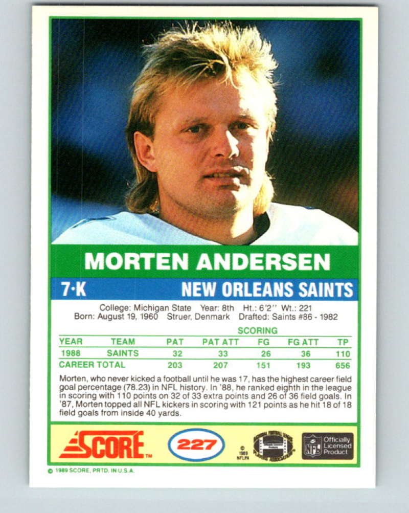 1989 Score #227 Morten Andersen Mint New Orleans Saints Image 2