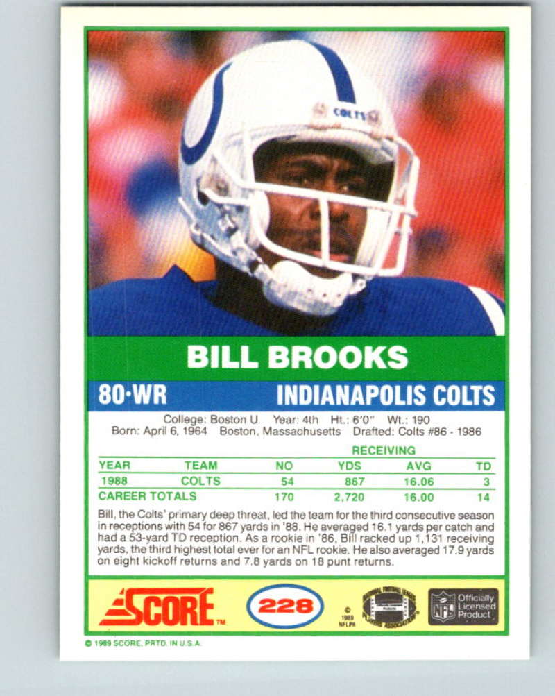 1989 Score #228 Bill Brooks Mint Indianapolis Colts Image 2