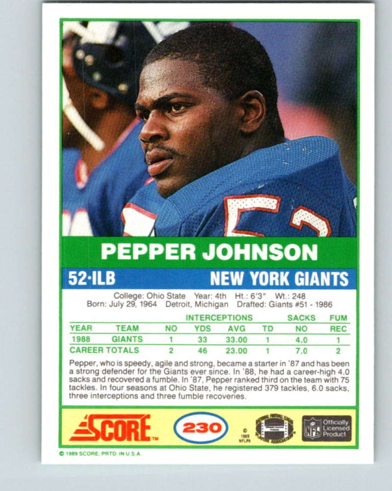 1989 Score #230 Pepper Johnson Mint New York Giants Image 2