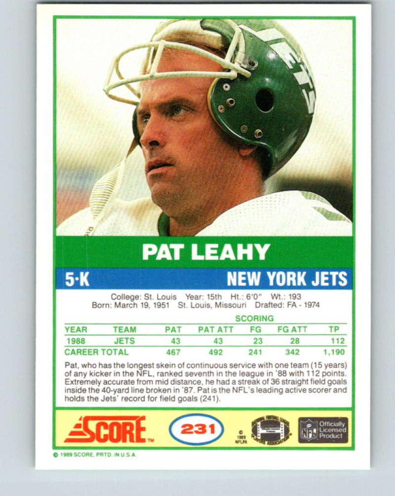 1989 Score #231 Pat Leahy Mint New York Jets Image 2