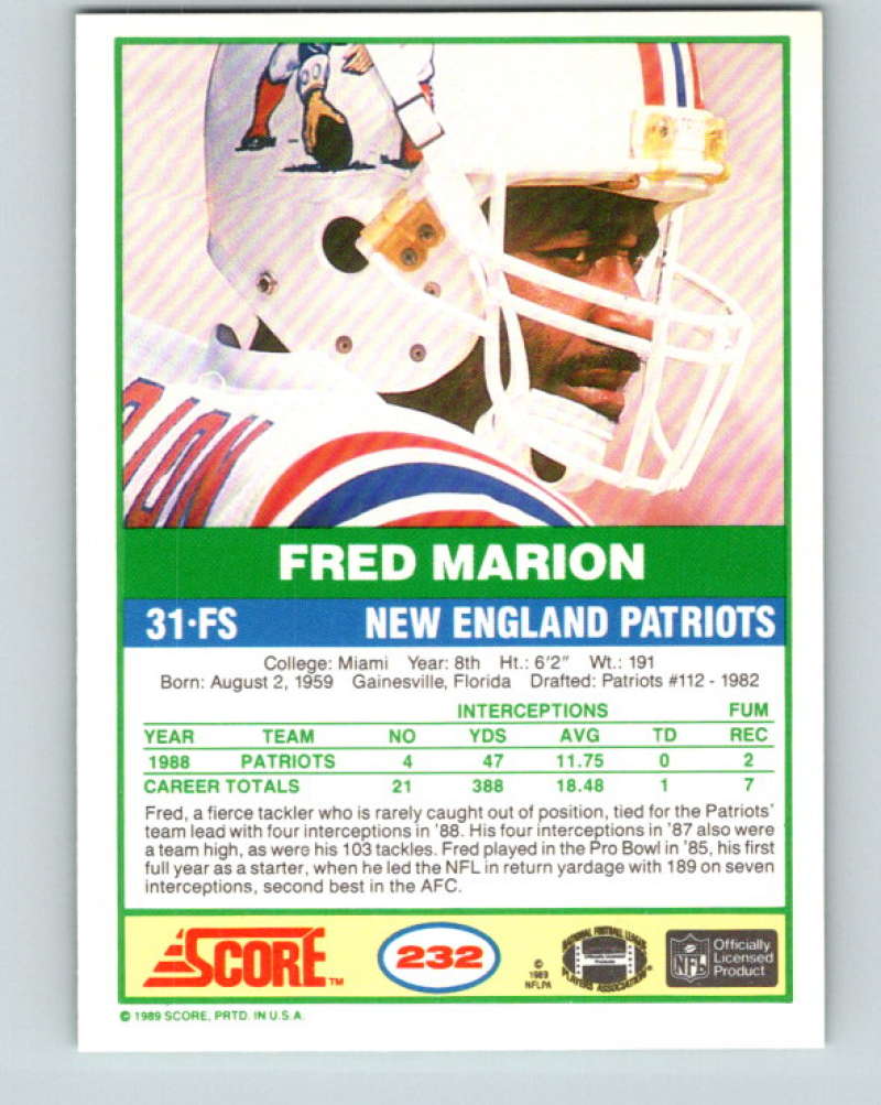 1989 Score #232 Fred Marion Mint New England Patriots Image 2