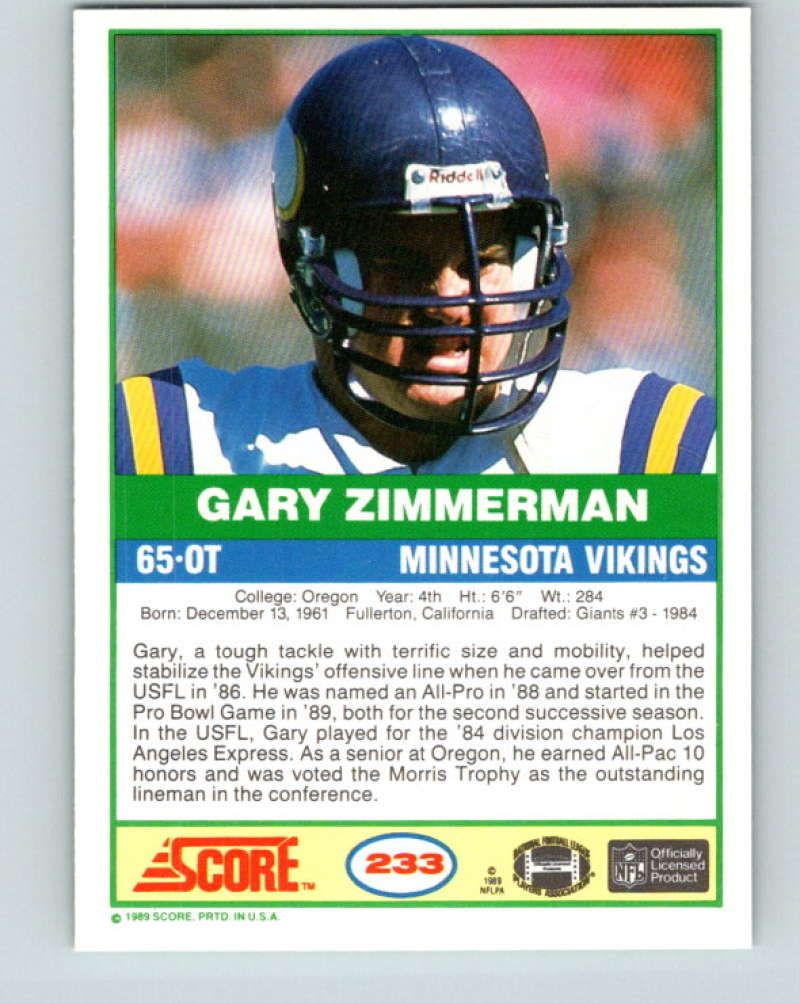 1989 Score #233 Gary Zimmerman Mint Minnesota Vikings Image 2