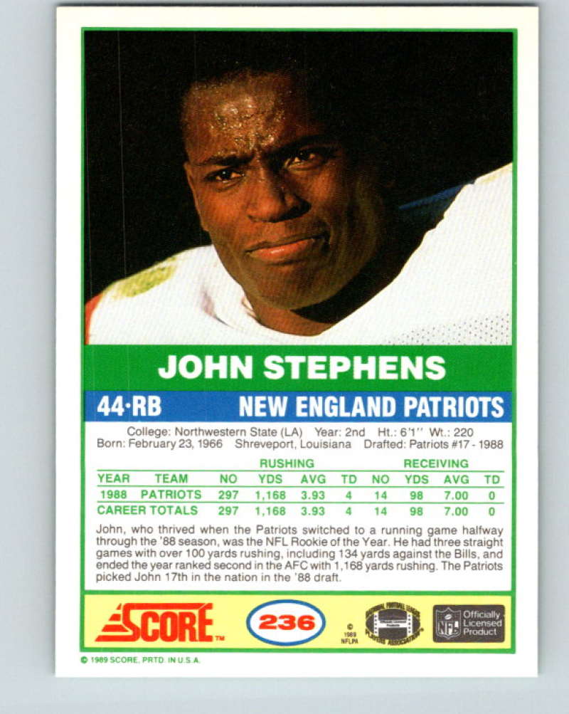 1989 Score #236 John Stephens Mint RC Rookie New England Patriots Image 2
