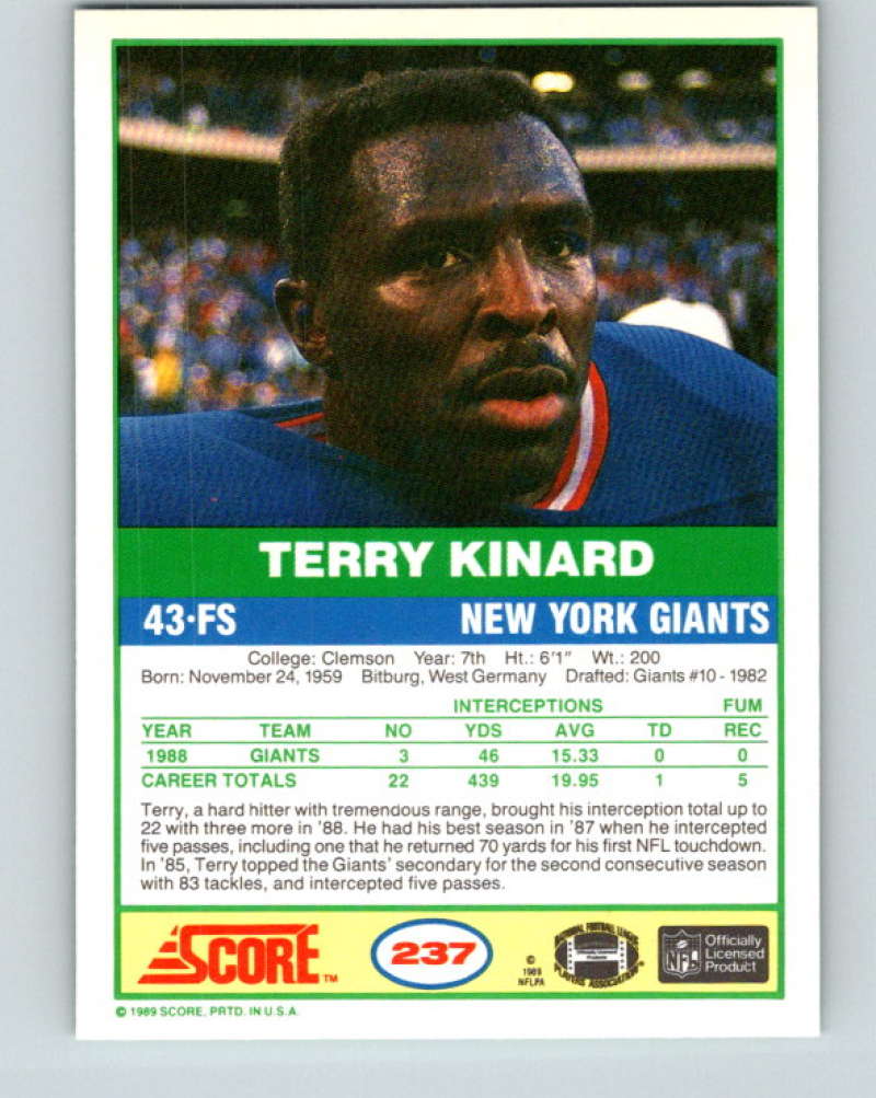 1989 Score #237 Terry Kinard Mint New York Giants Image 2