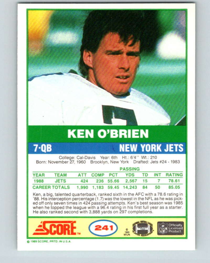 1989 Score #241 Ken O'Brien Mint New York Jets Image 2