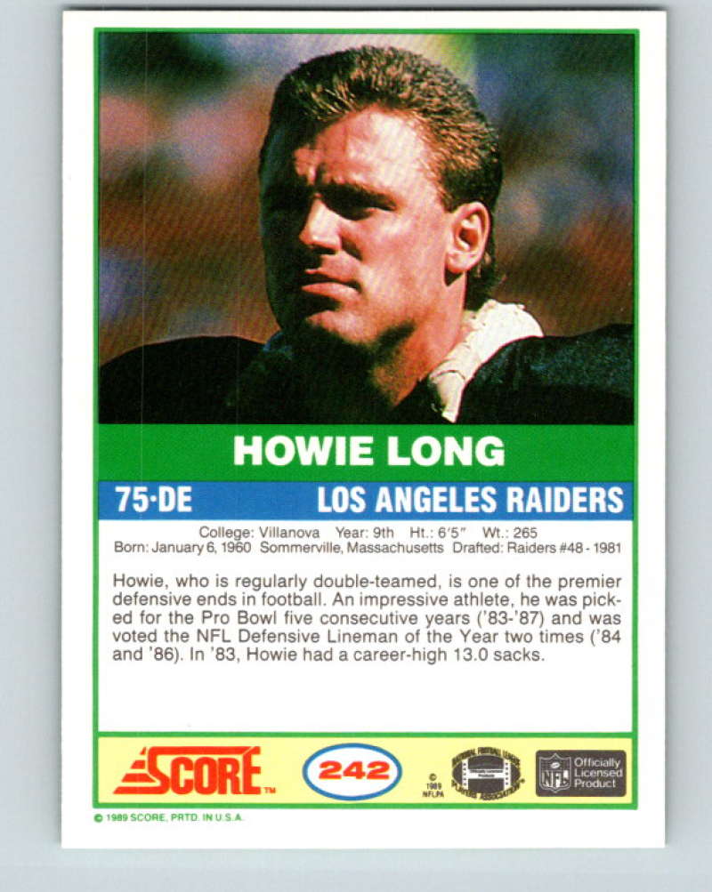 1989 Score #242 Howie Long Mint Los Angeles Raiders Image 2