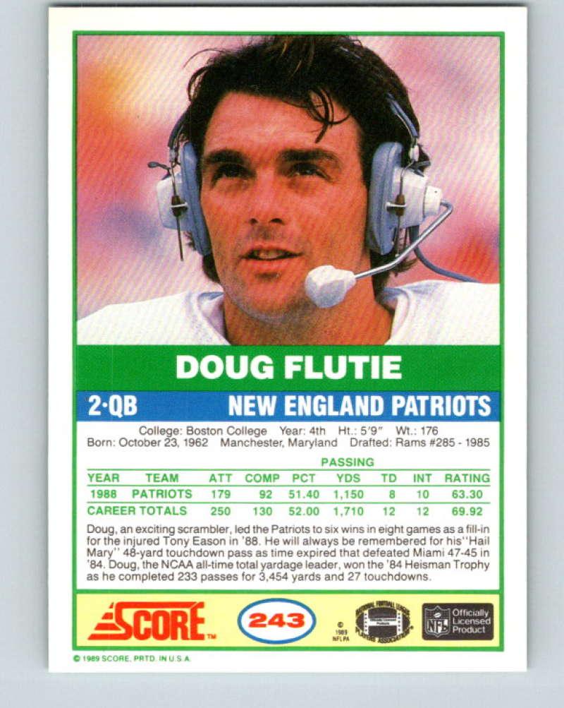 1989 Score #243 Doug Flutie Mint New England Patriots Image 2