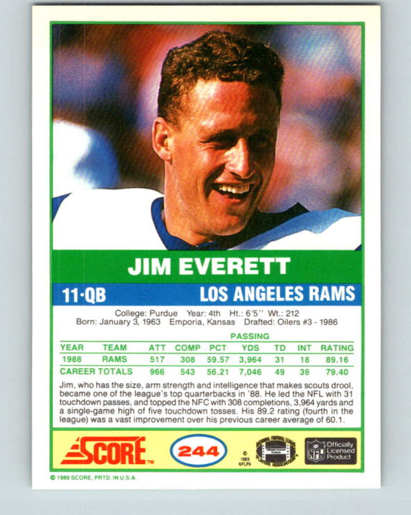 1989 Score #244 Jim Everett Mint Los Angeles Rams Image 2