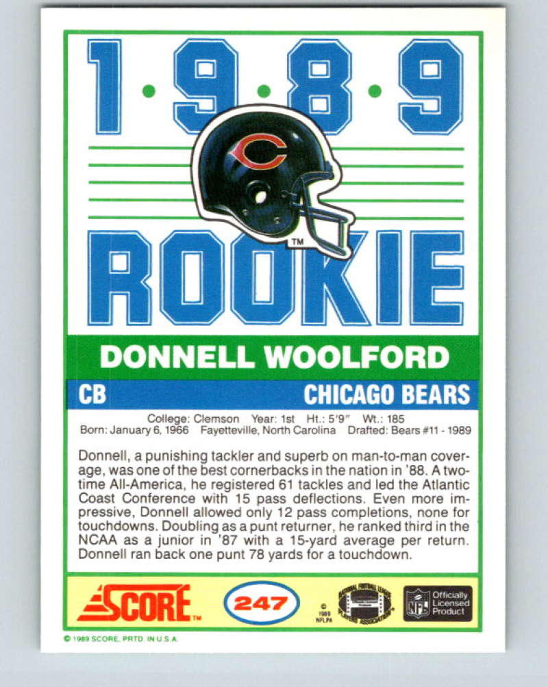 1989 Score #247 Donnell Woolford Mint RC Rookie Chicago Bears Image 2