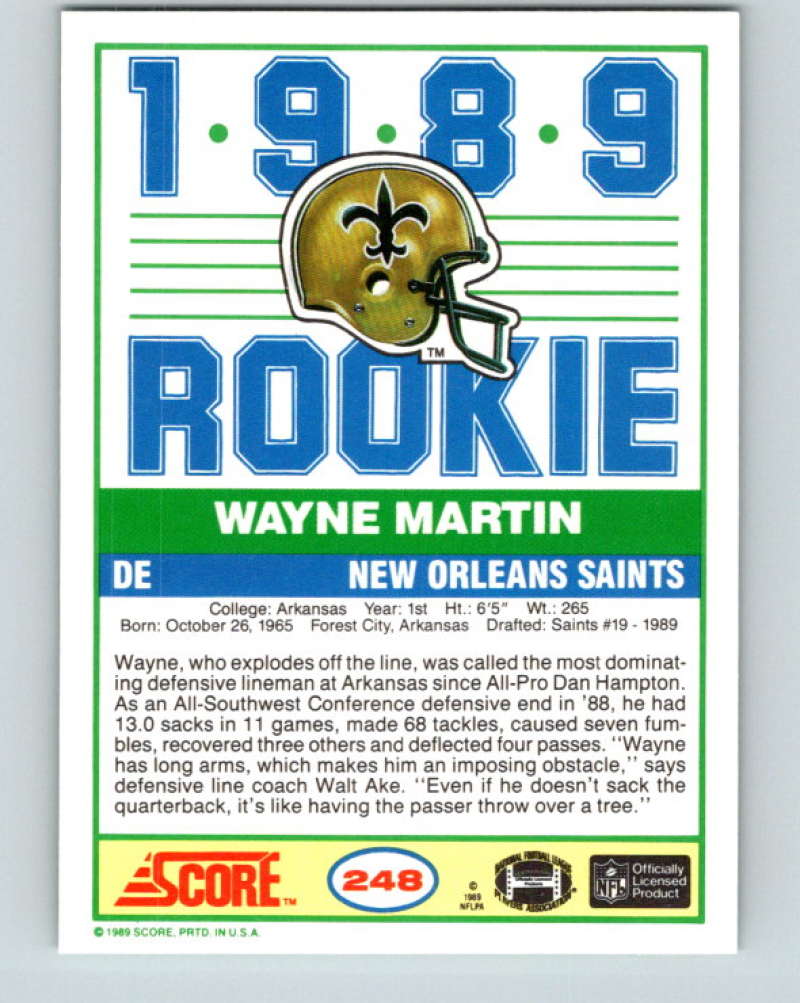 1989 Score #248 Wayne Martin Mint RC Rookie New Orleans Saints Image 2