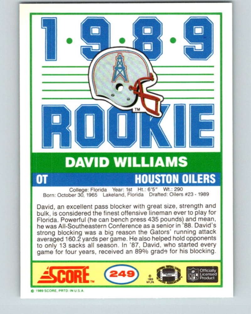 1989 Score #249 David Williams Mint RC Rookie Houston Oilers Image 2