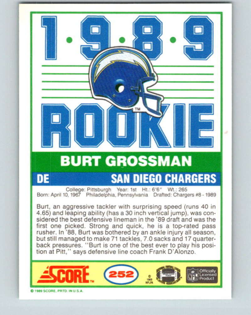 1989 Score #252 Burt Grossman Mint RC Rookie San Diego Chargers Image 2
