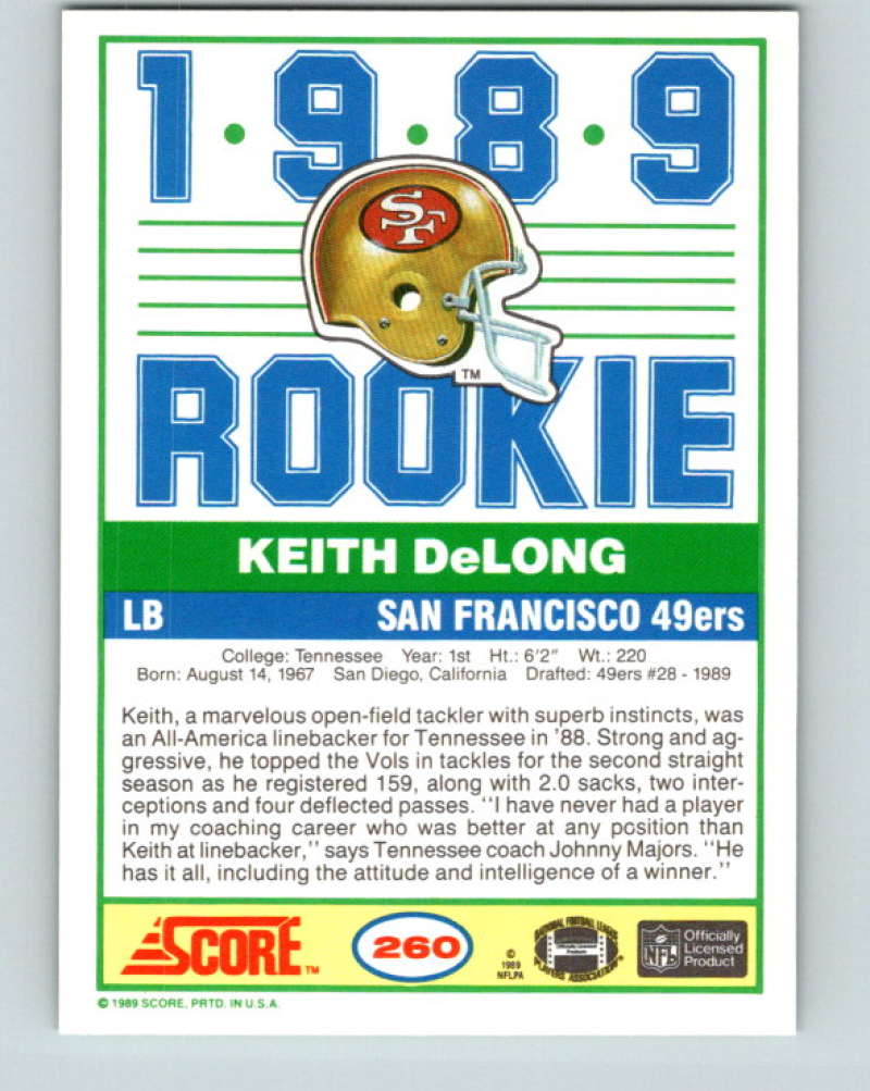 1989 Score #260 Keith DeLong Mint RC Rookie San Francisco 49ers Image 2