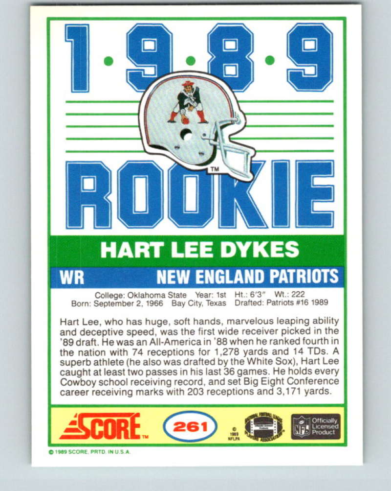 1989 Score #261 Hart Lee Dykes Mint RC Rookie New England Patriots Image 2