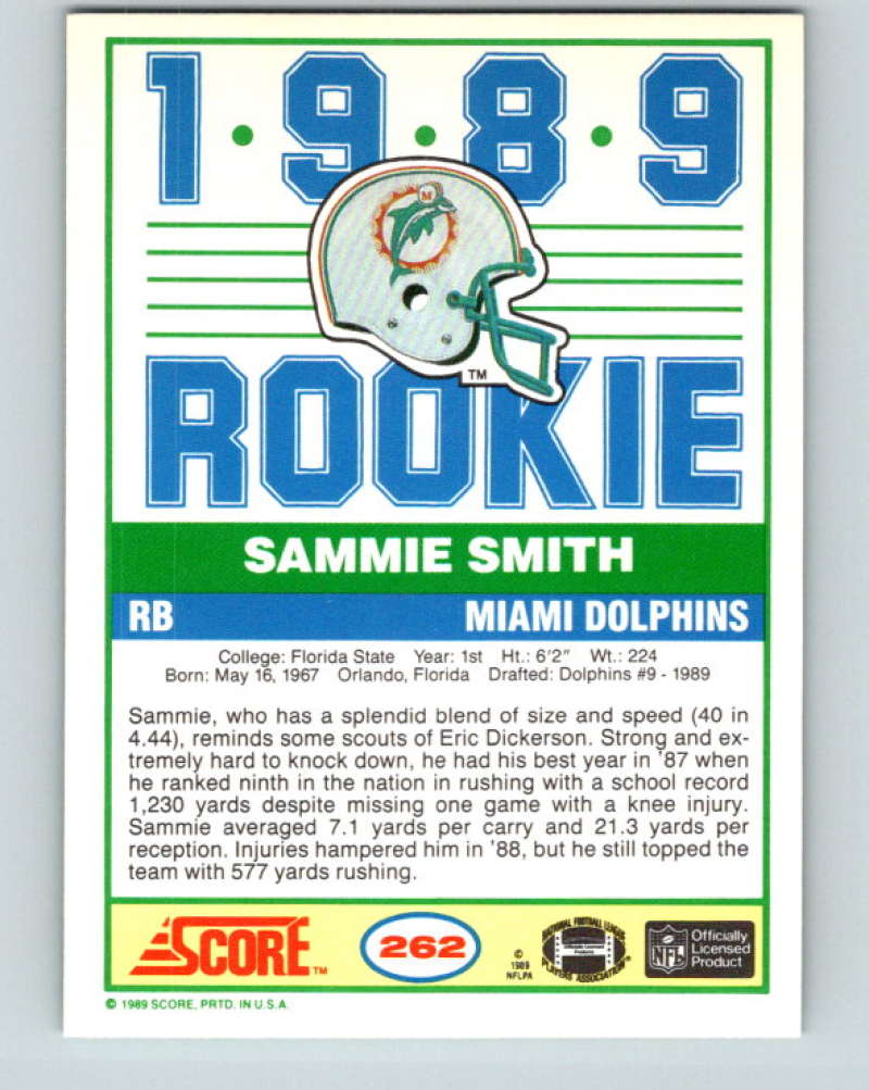 1989 Score #262 Sammie Smith Mint RC Rookie Miami Dolphins Image 2