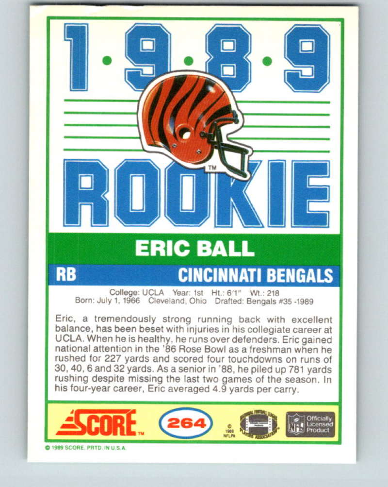 1989 Score #264 Eric Ball Mint RC Rookie Cincinnati Bengals Image 2